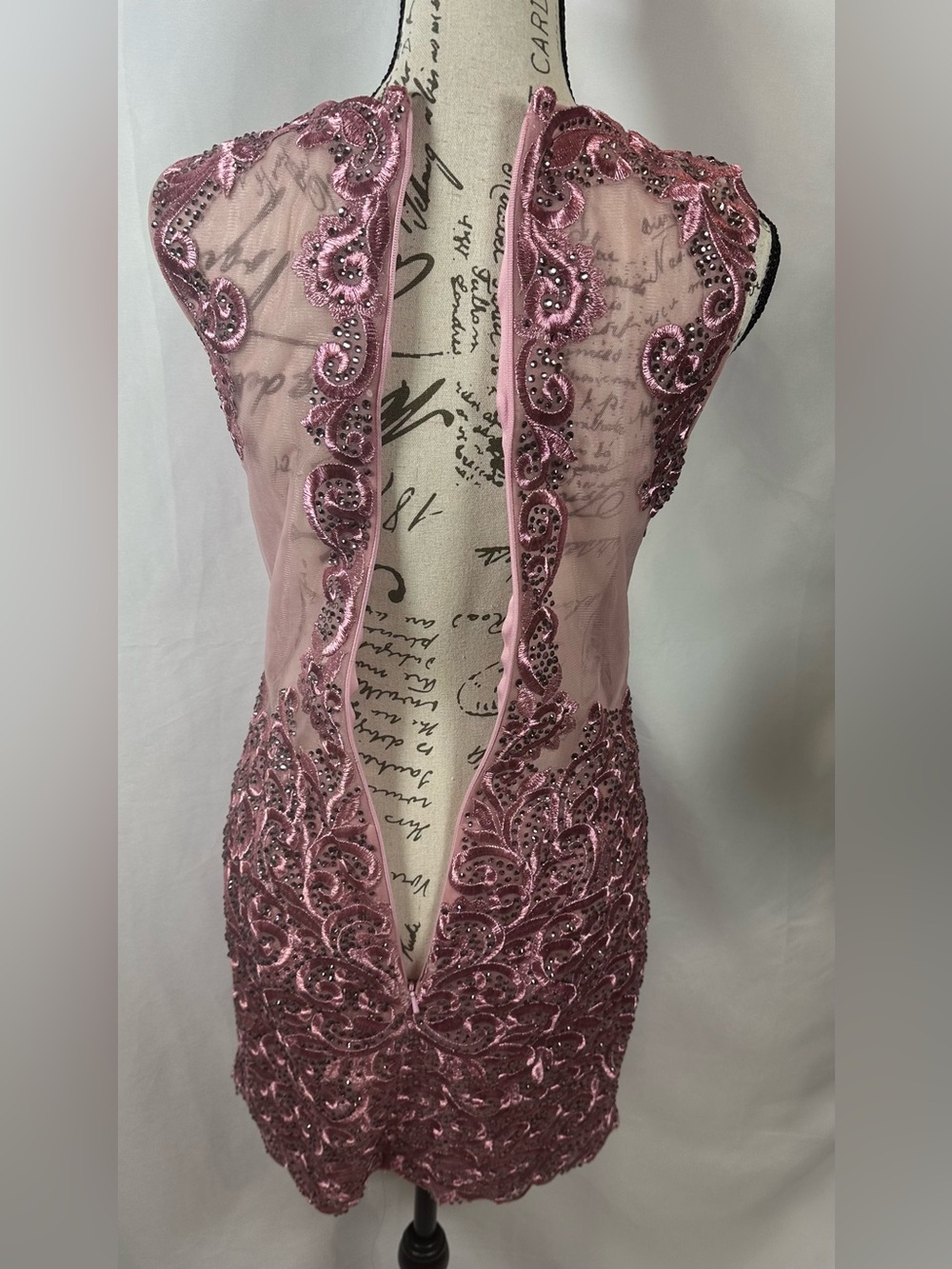 Mori Lee Rose Pink Beaded V-Neck Mini Dress - Picture 6 of 16